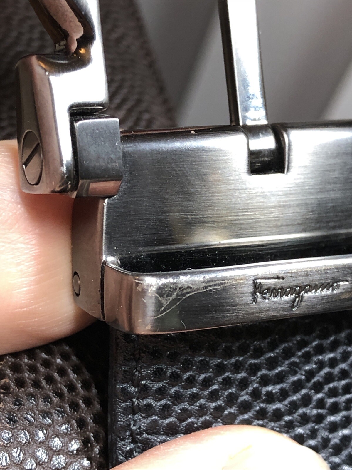 Salvatore Ferragamo Gun Metal tone Buckle black Brown leather removable belt