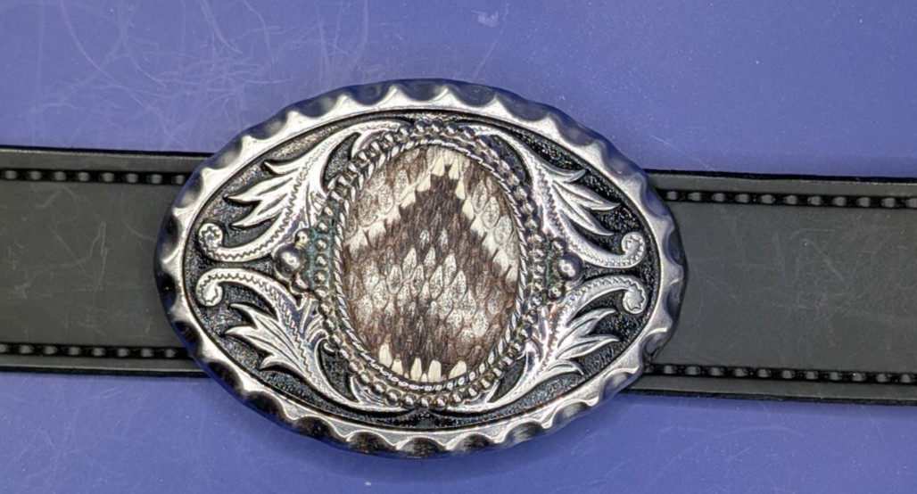 Real Eastern Rattlesnakes Insert with Bezel & Silver Scroll Belt Buckle #2626