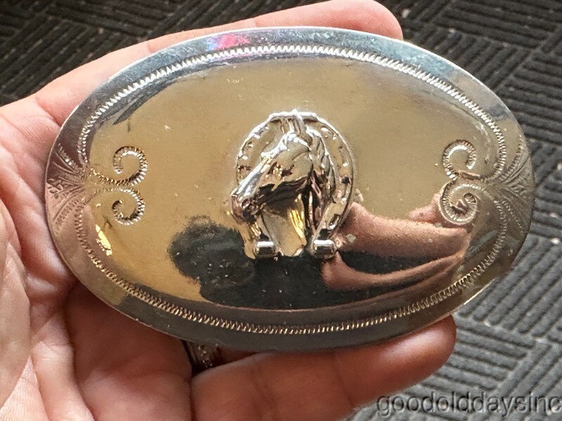 Vintage Chrome Silver Horse with Horseshoe Belt Buckle