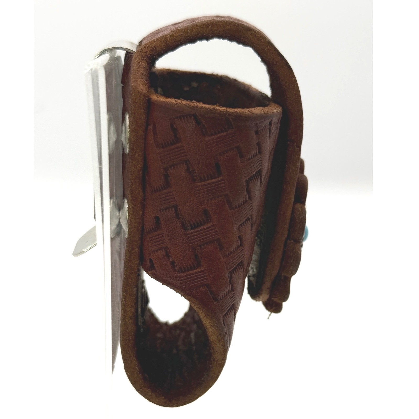 Vintage Hand Tooled Leather Belt Pouch Basket Weave Western Turquoise Concho