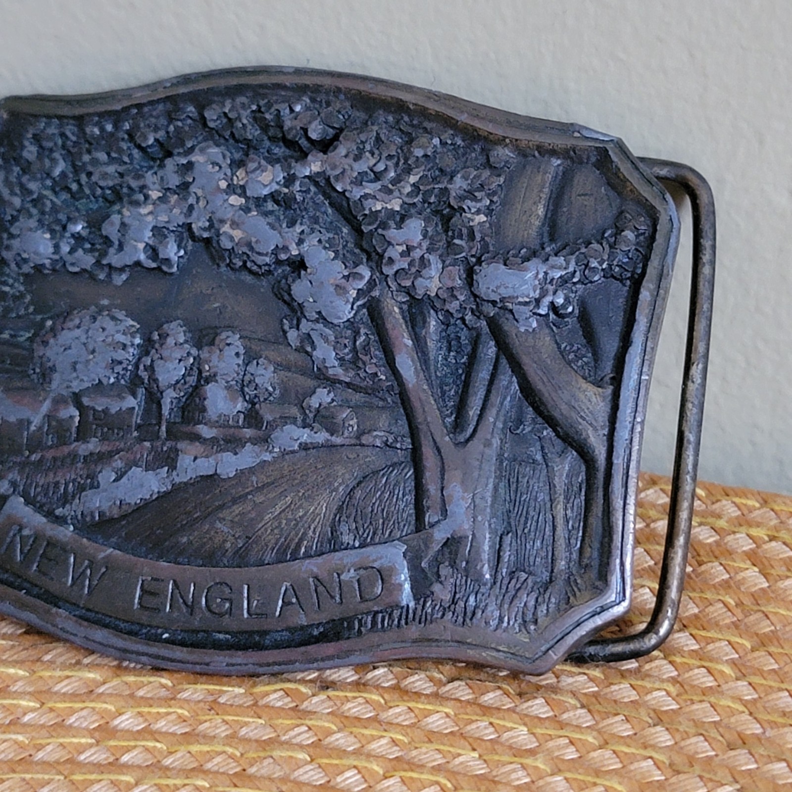 VTG New England Antiqued Brass Belt Buckle Embossed Country Road Indiana Metal