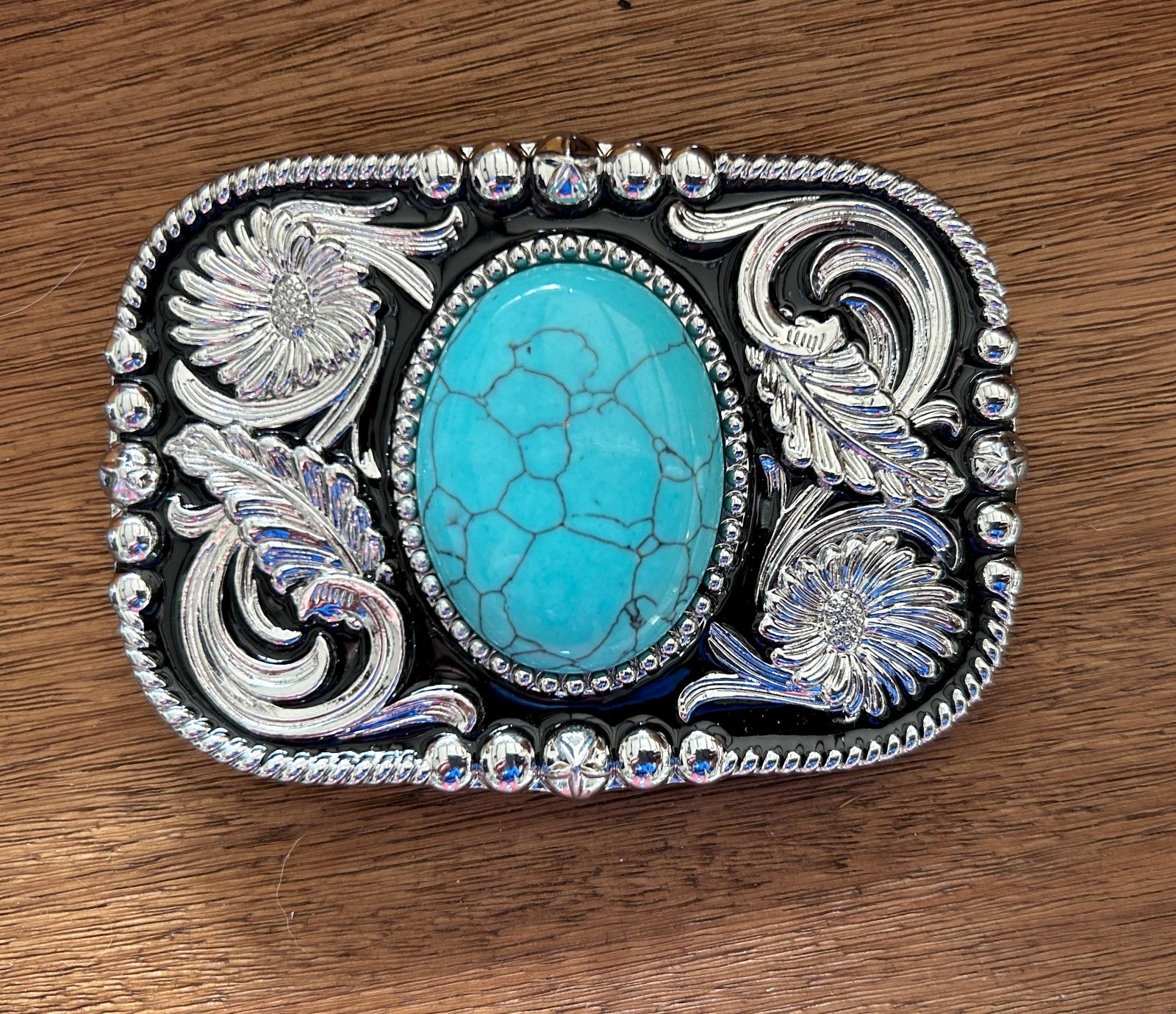 Silver Floral Western Belt Buckle Teal Stone Agate Cowboy Snap On 1.5in Strap