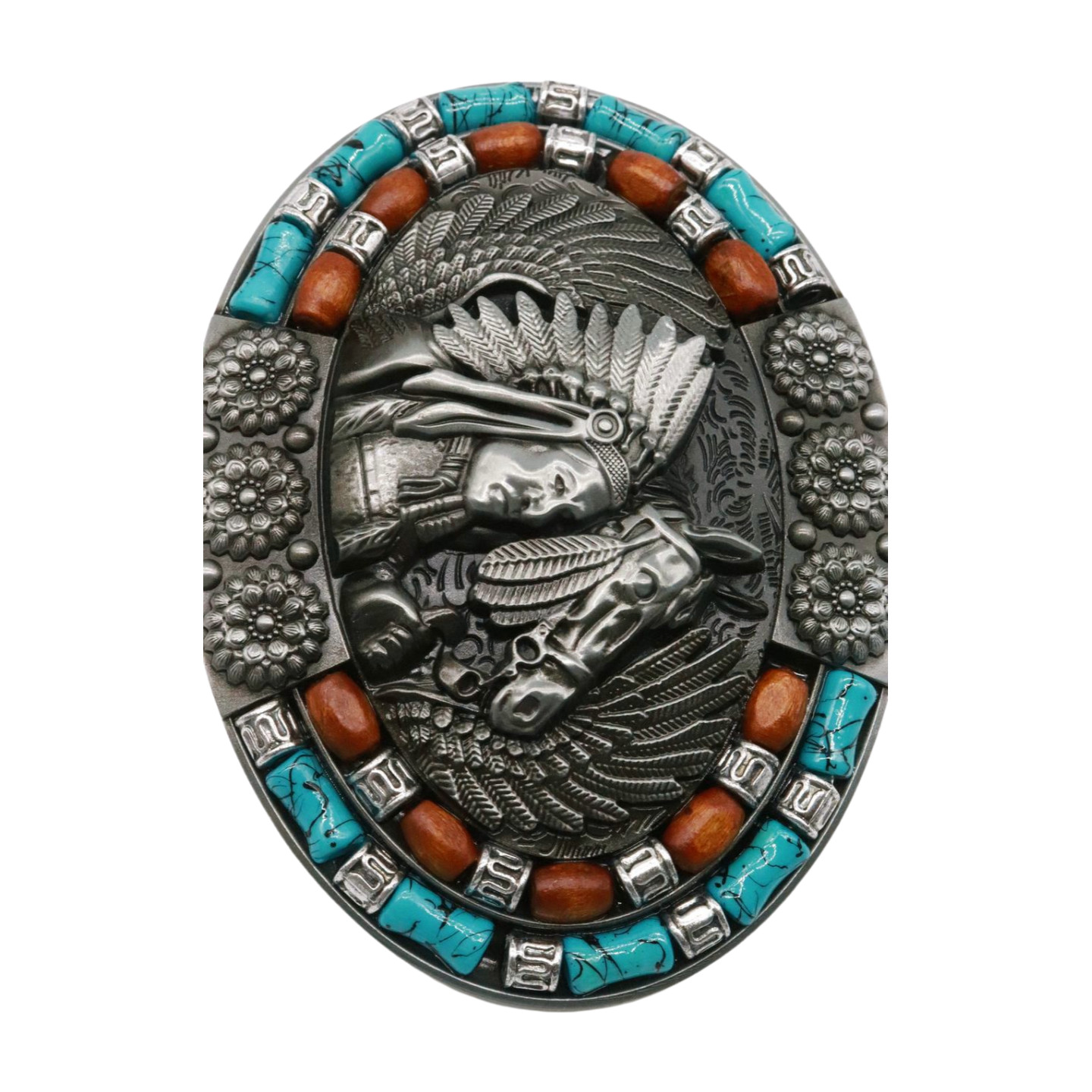 Men Women Dark Silver Metal Belt Western Native Indian Warrior Horse Oval Shape