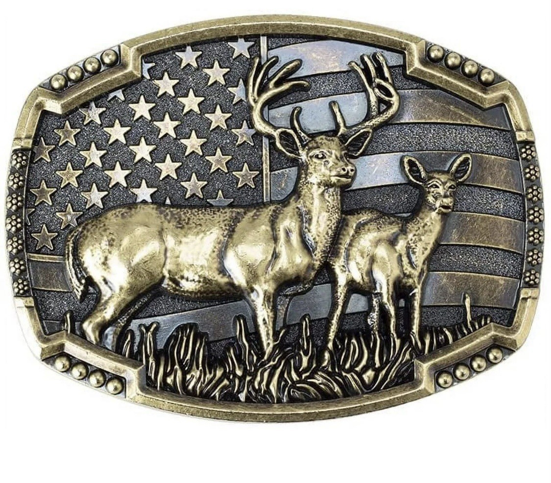 3-D ANIMAL DEER FAWN STAR AMERICAN FLAG GOLD RODEO COWBOY WESTERN BELT BUCKLE
