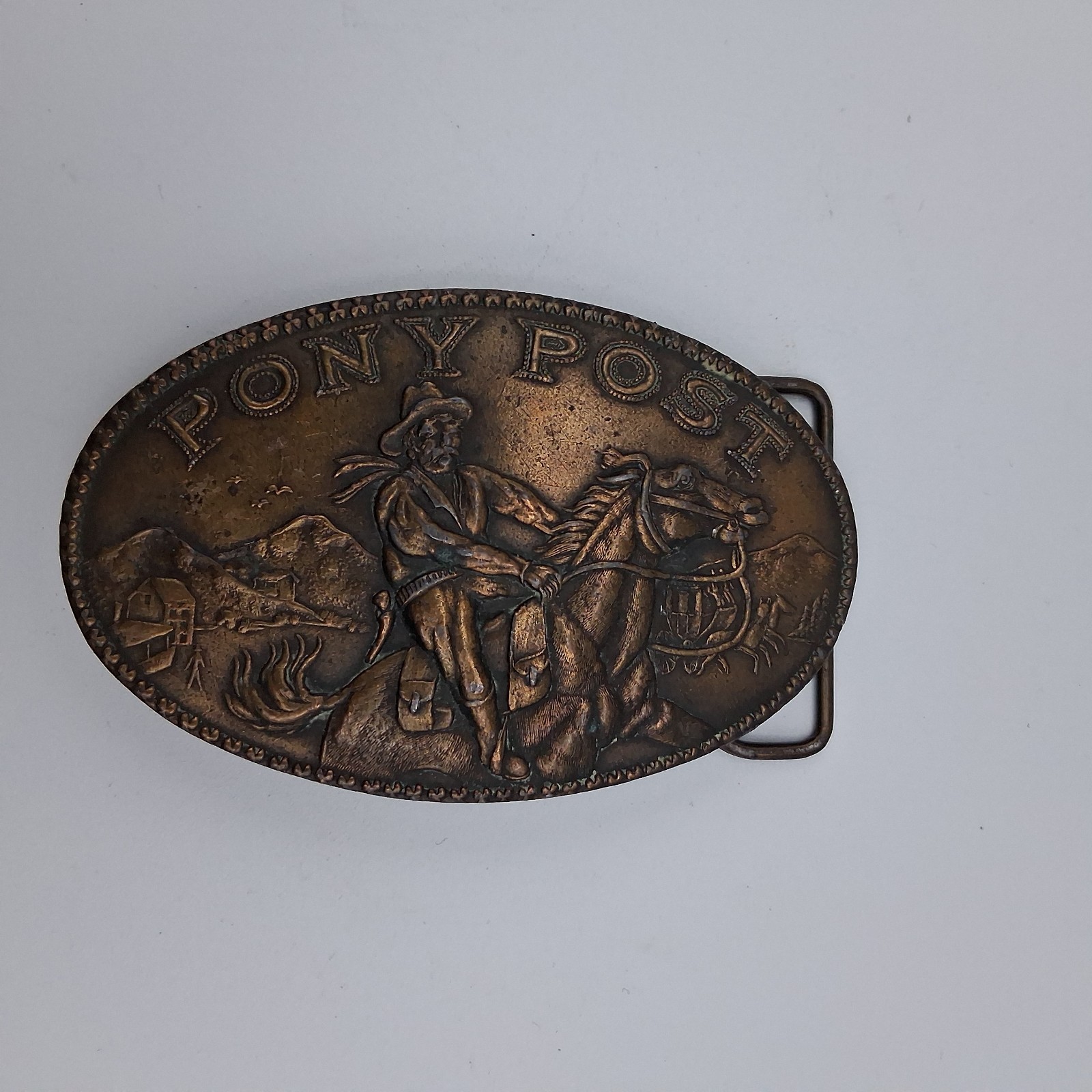 Vintage 70s Pony Post Express Brass Metal Belt Buckle Montauk Silver Company