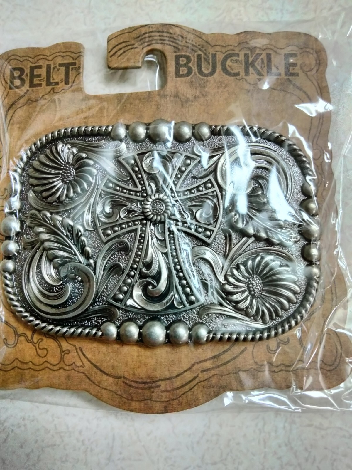 Western, Pewter style finish, Scroll work , Christian Cross metal belt Buckle