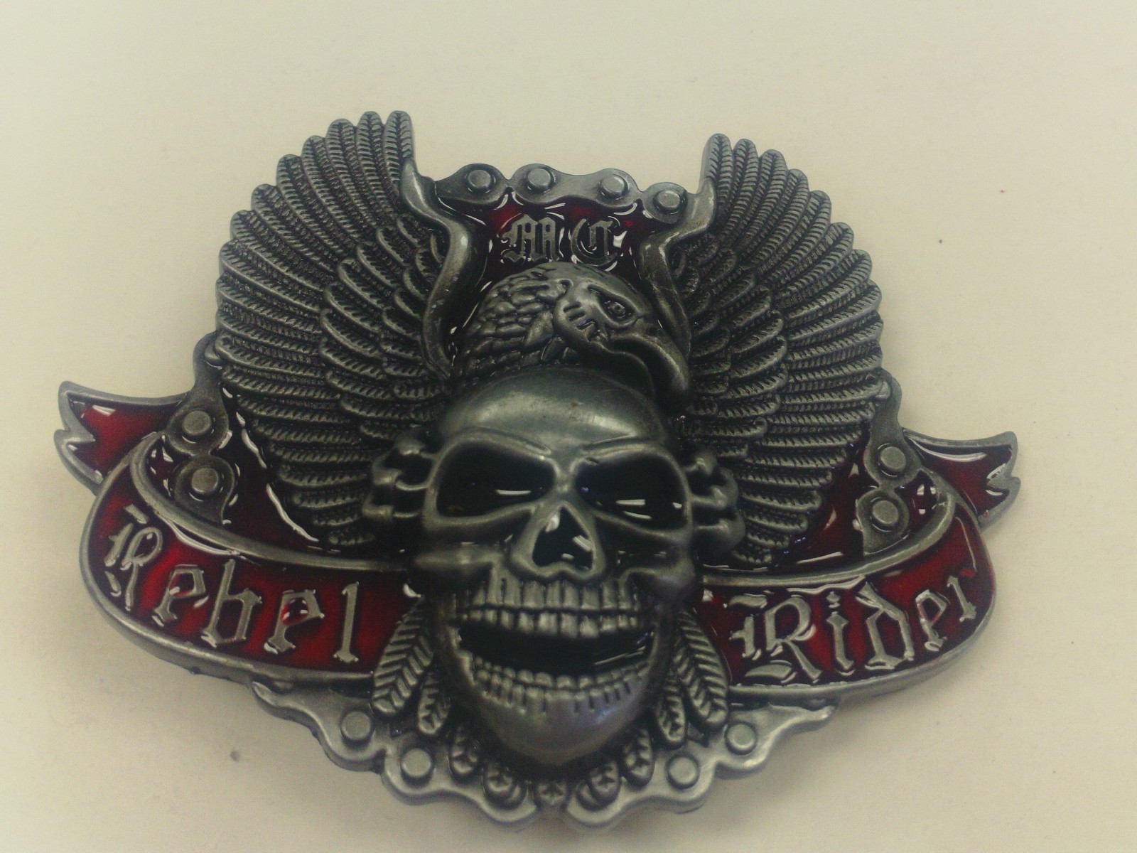 REBEL RIDE SKULL HEAD WITH EAGLE BELT BUCKLE PEWTER FINISH approx size 3&Prime; by 3&Prime;
