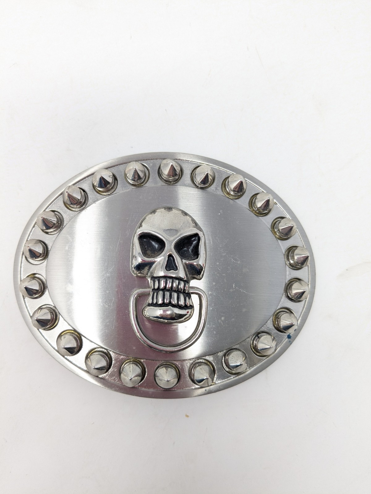 Silver Tone Oval Skull Belt Buckle With Spikes 1.5&Prime; Loop, 3.5&Prime; x 4&Prime; Goth, Biker