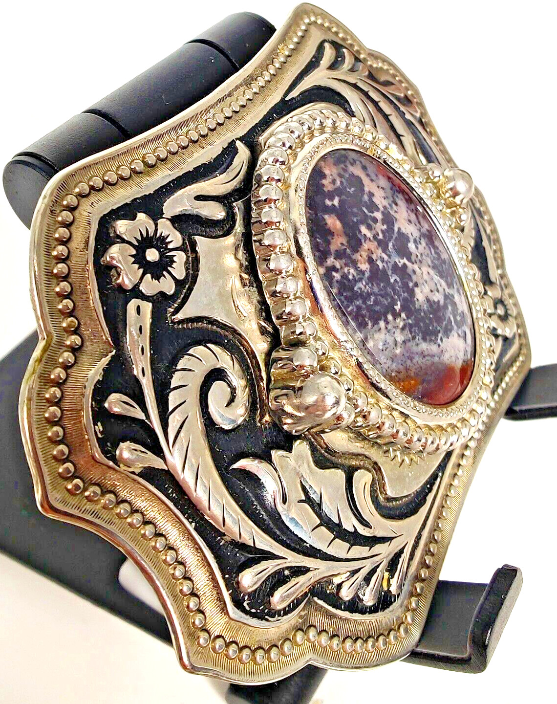 Vintage Belt Buckle Western Style Silver Ornate with Large Black Oval Stone
