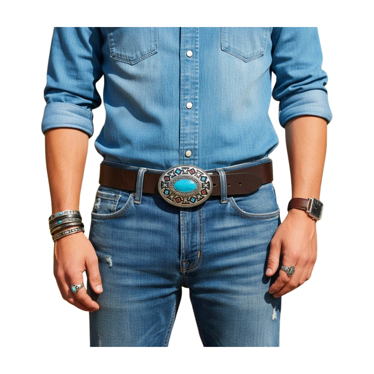 Men Women Silver Metal Buckle Ethnic Aztec Oval Turquoise Trendy Western Fashion
