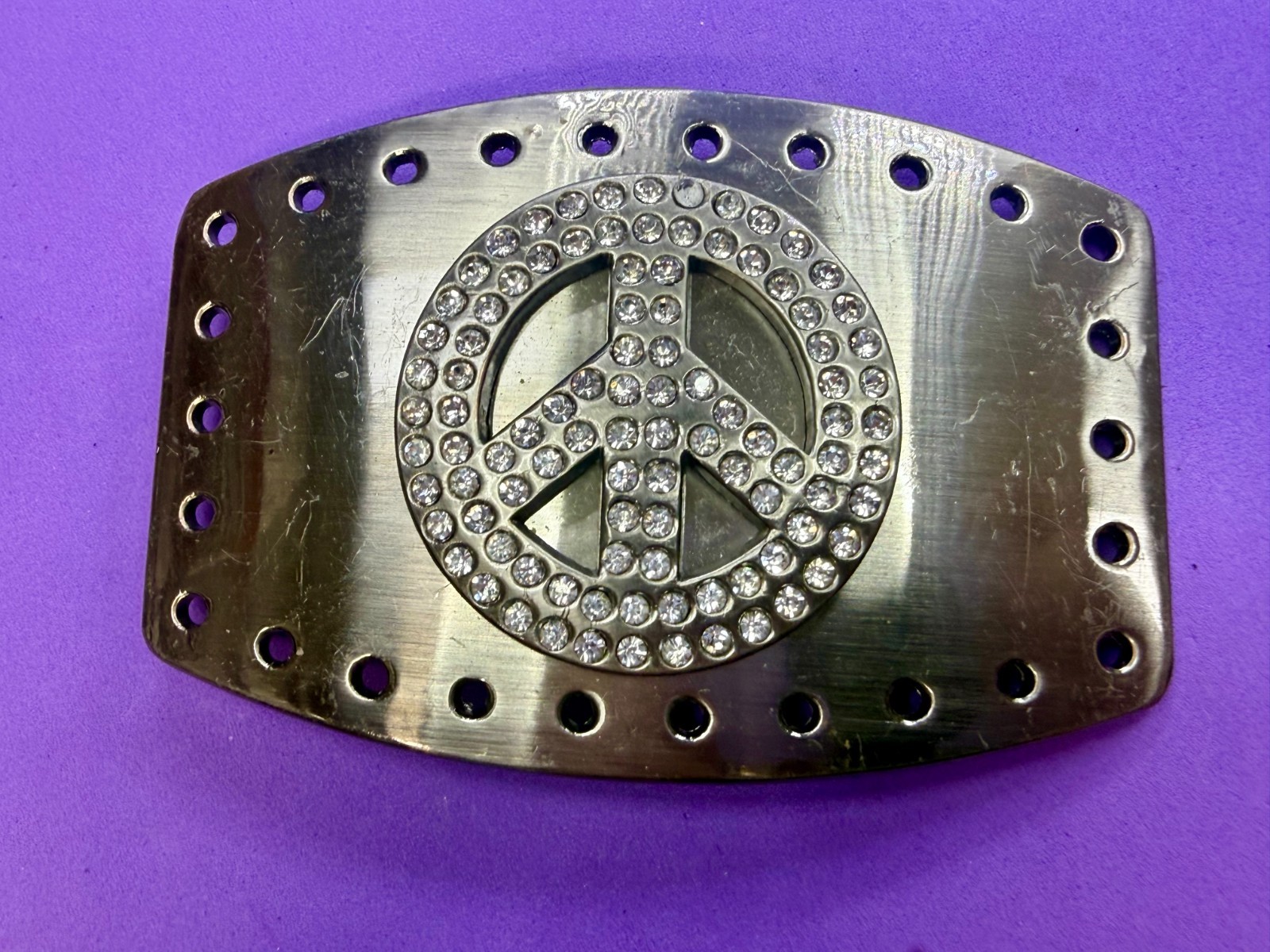 Peace Symbol Sign Rhinestone Bling Hole Border Hippy Silver Tone Belt Buckle