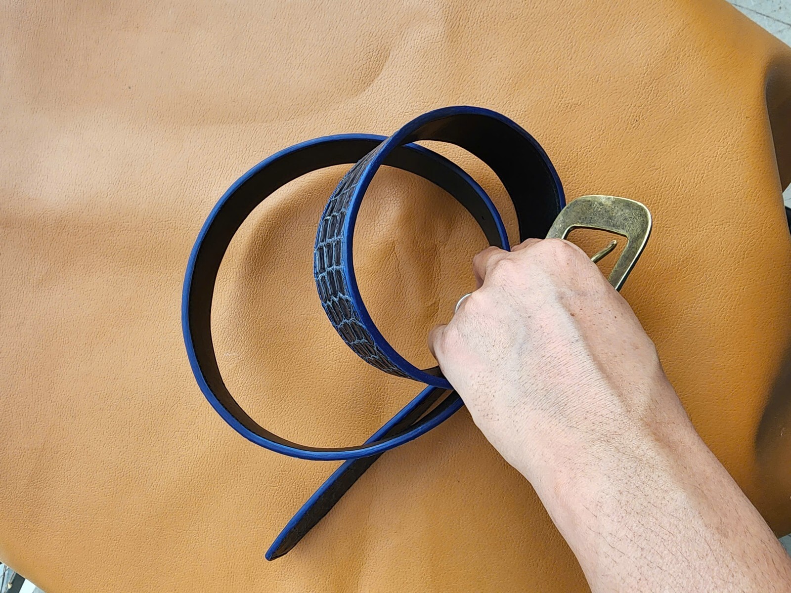 3.8CM Navy Blue 100% Genuine Leather Skin Men Belt Buckle- Handmade