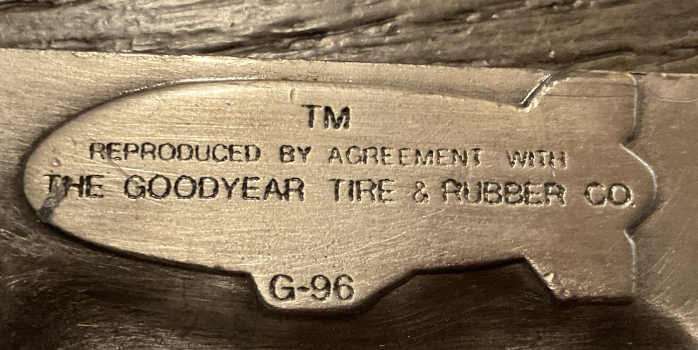 VINTAGE, 1974 THE GOODYEAR TIRE & RUBBER CO. Blimp G-96, PEWTER BELT BUCKLE