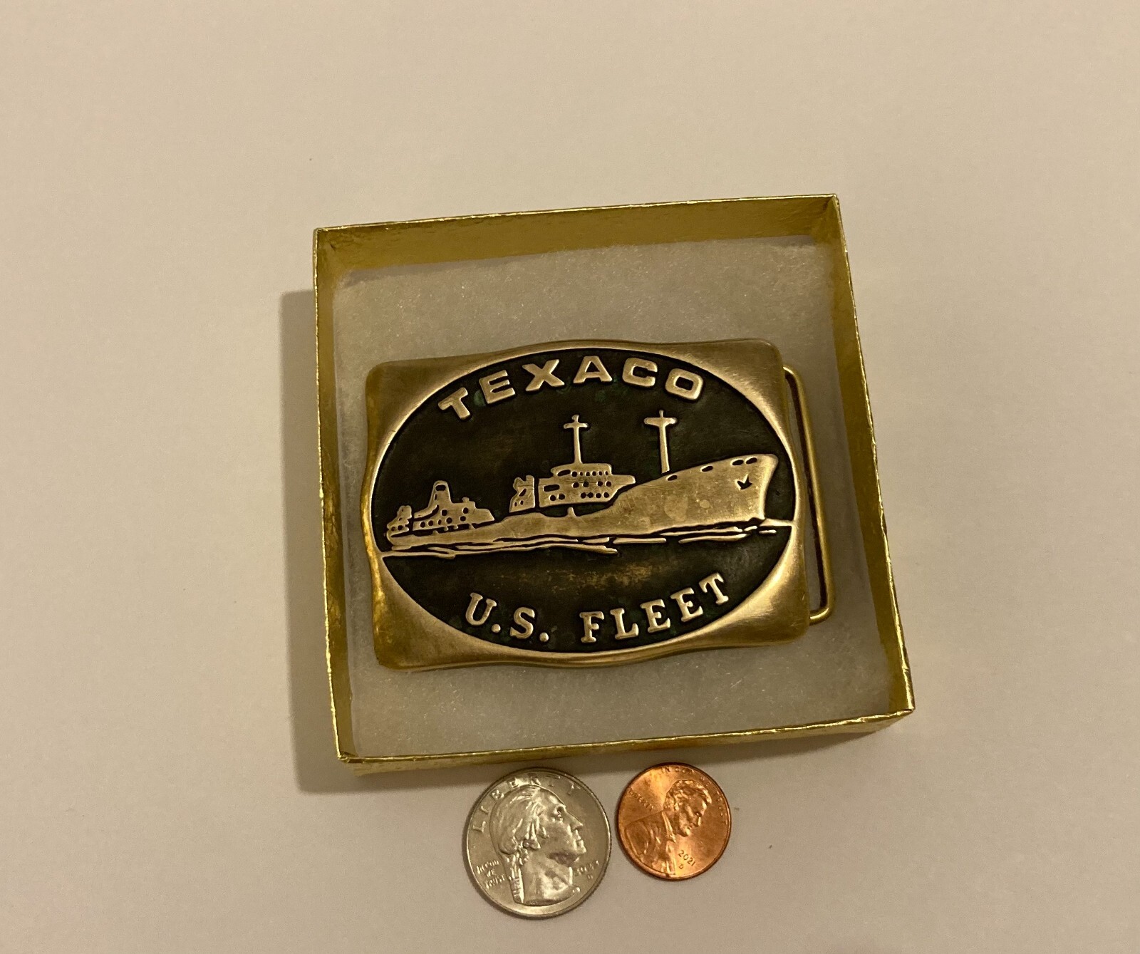Vintage 1983 Metal Belt Buckle, Brass, Texaco, U.S. Fleet, Shipping, Oil, Petrol