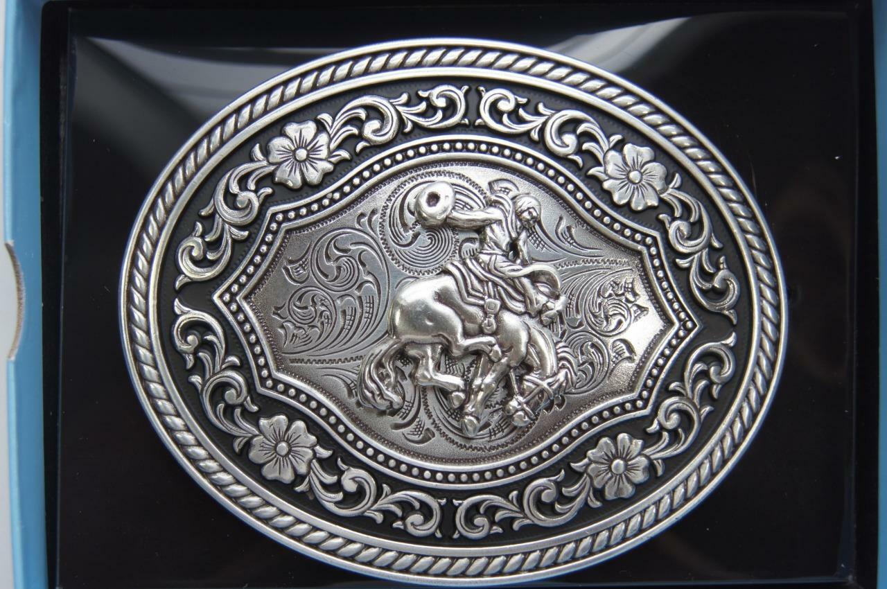 Nocona Western Belt Buckle Floral Saddle Bronc Rider Silver 37709