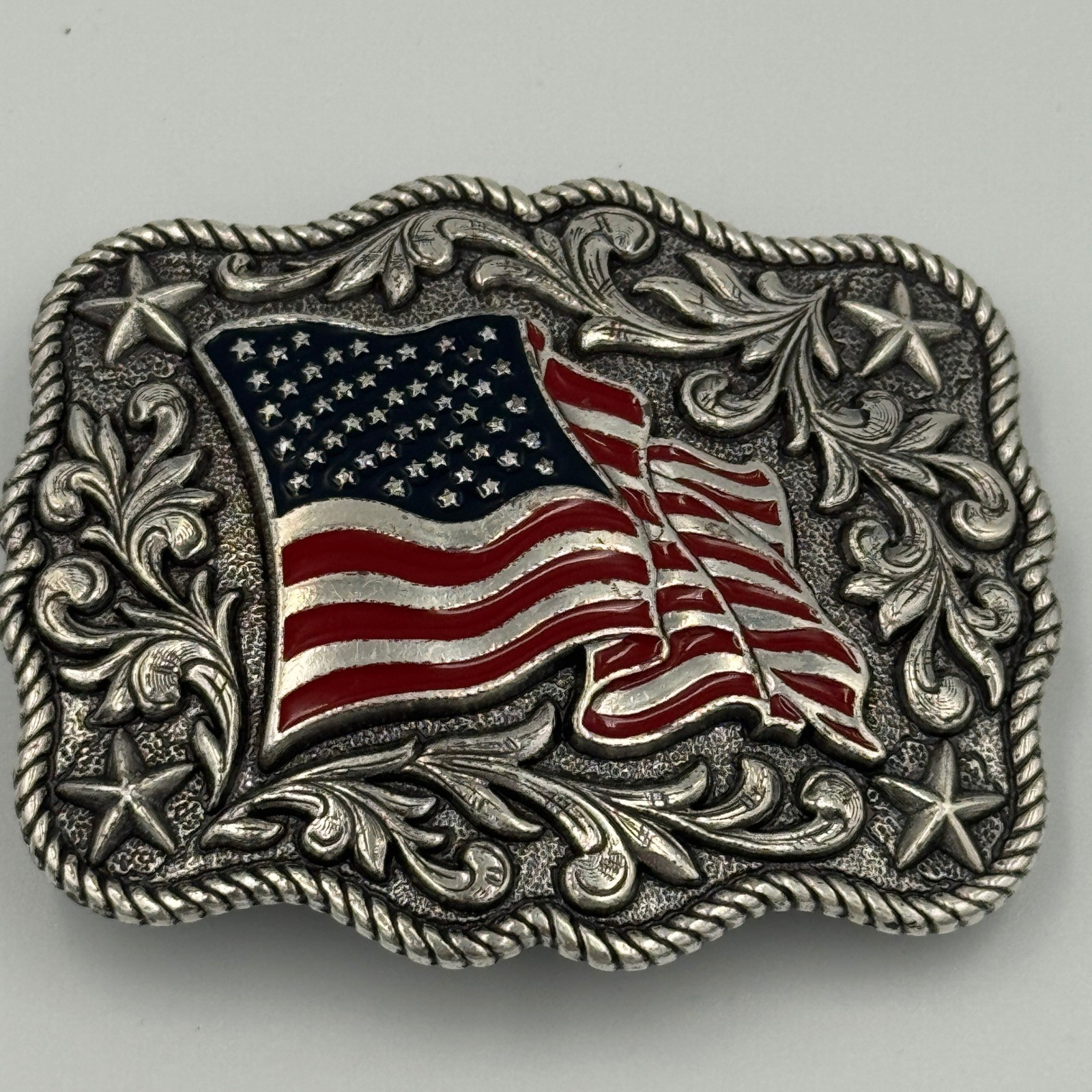 Patriotic American Flag Western Belt Buckle Silver Tone Red Blue Enamel Stars