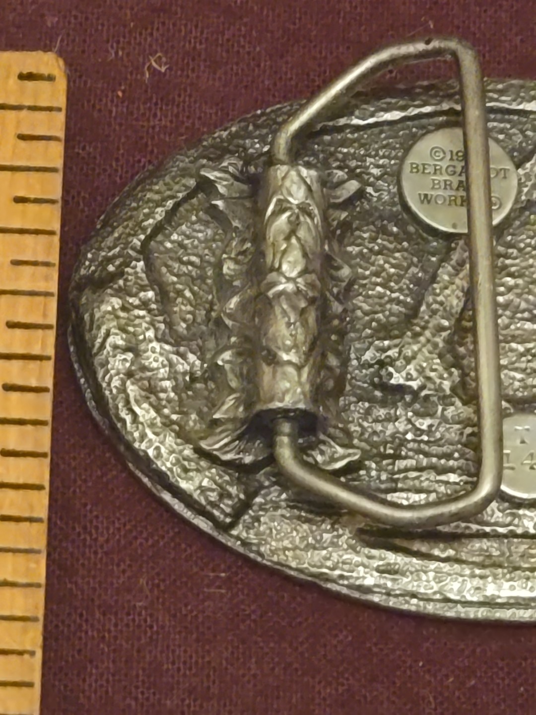 VTG Belt Buckle BARN 1984 Bergamot Brass Works Pewter Farming T 149 Made in USA