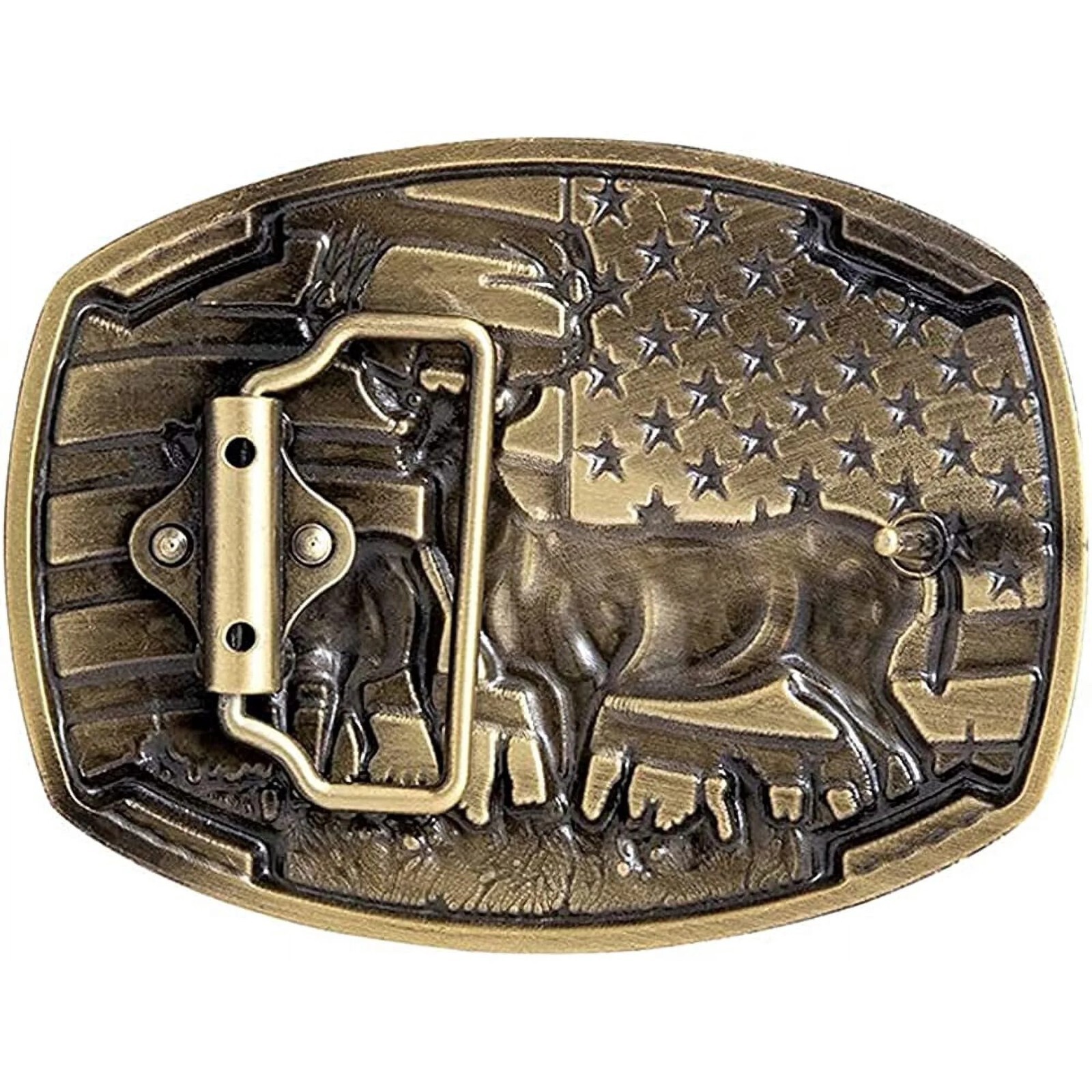 American Flag Bull Western Cowboy, Cowgirl Belt Buckle Antique Bronze Tone