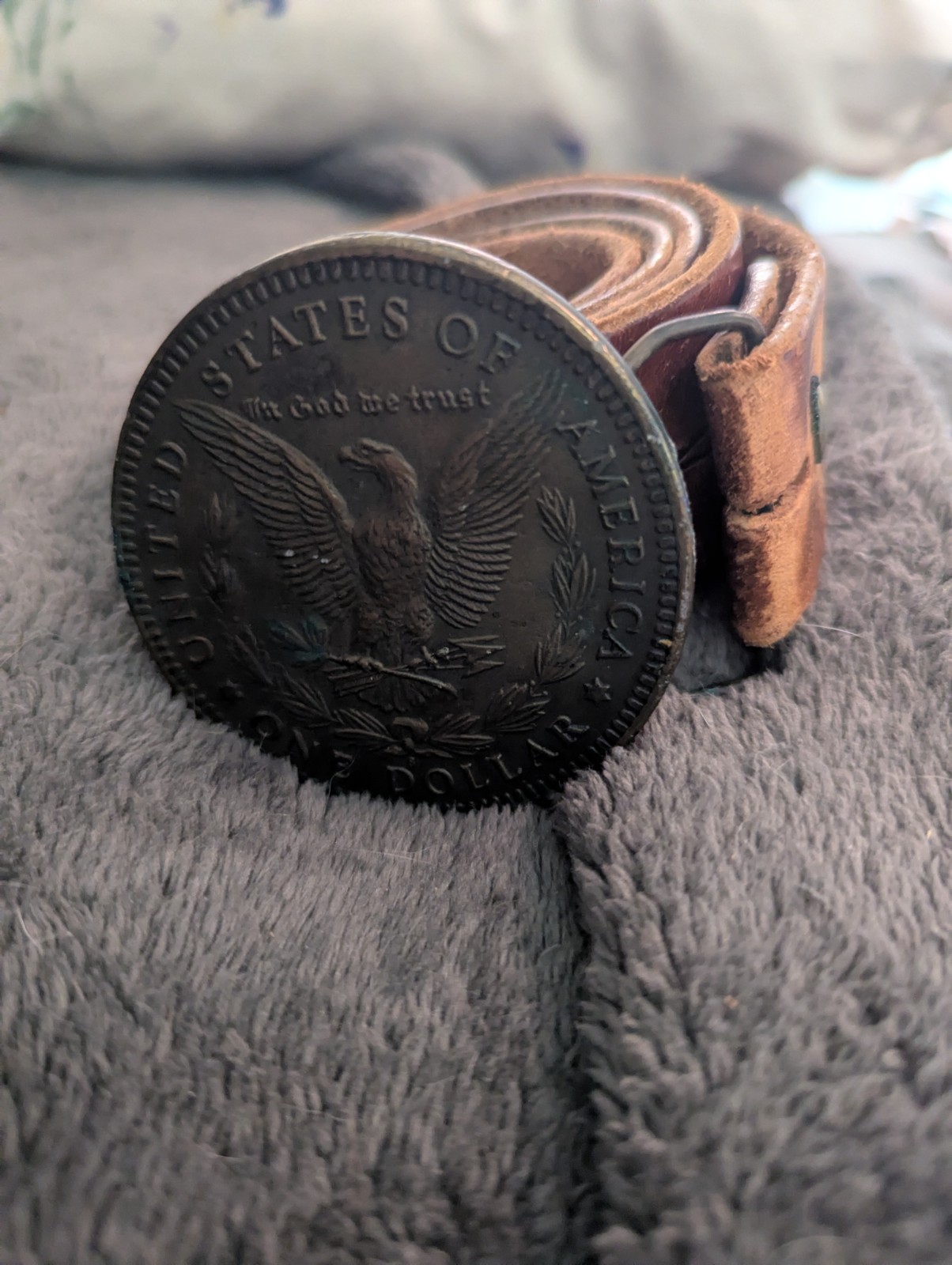 United States of America One Dollar Metal Belt Buckle tooled leather belt