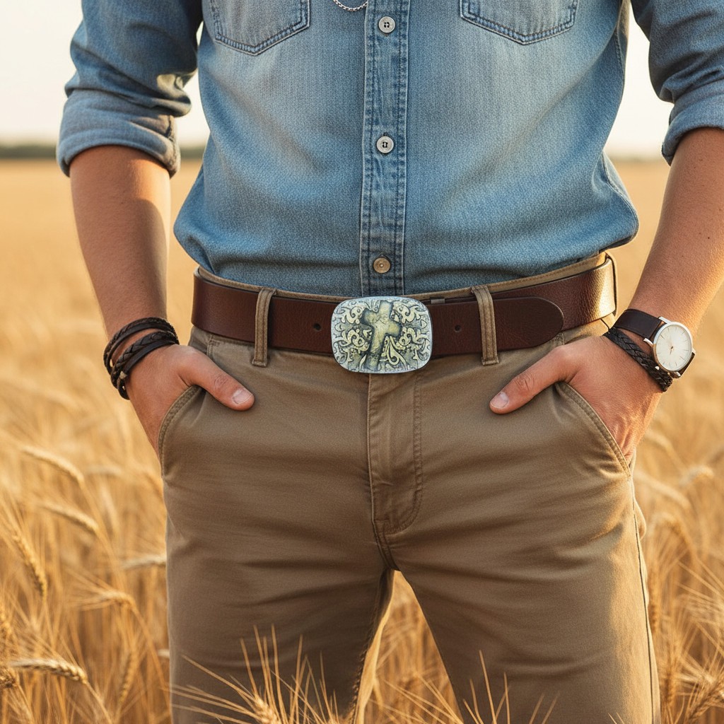 Men Women Belt Buckle Black Faux Leather Religious Cross Western Weekend Style