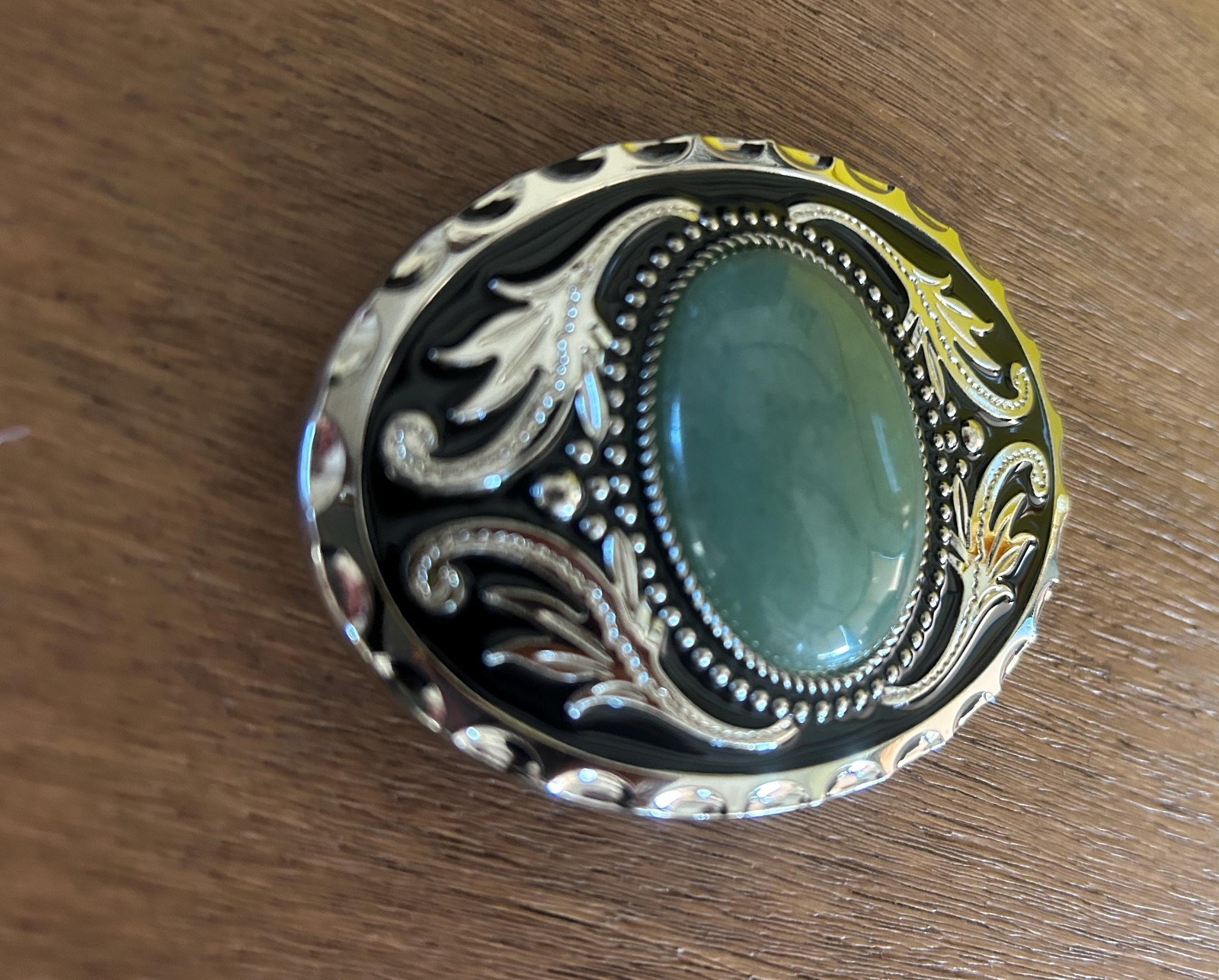 Sage Green Stone Belt Buckle Engraved Silver Western Cowboy Cowgirl Rodeo Style