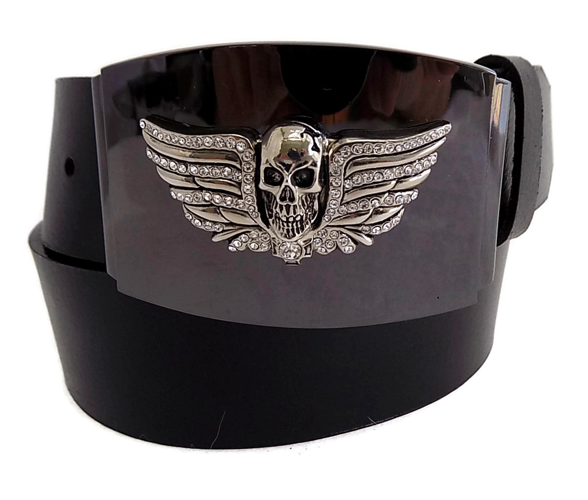 WASHED UP HOLLYWOOD 1.5&Prime; CRYSTAL SKULL #076BK PEWTER BELT BUCKLE on BLACK PLATE