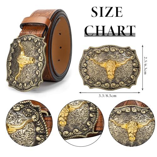 Mens-Western-Cowboy-Belt – Longhorn-Bull-Pattern Fit Waist 31-34 in Brown