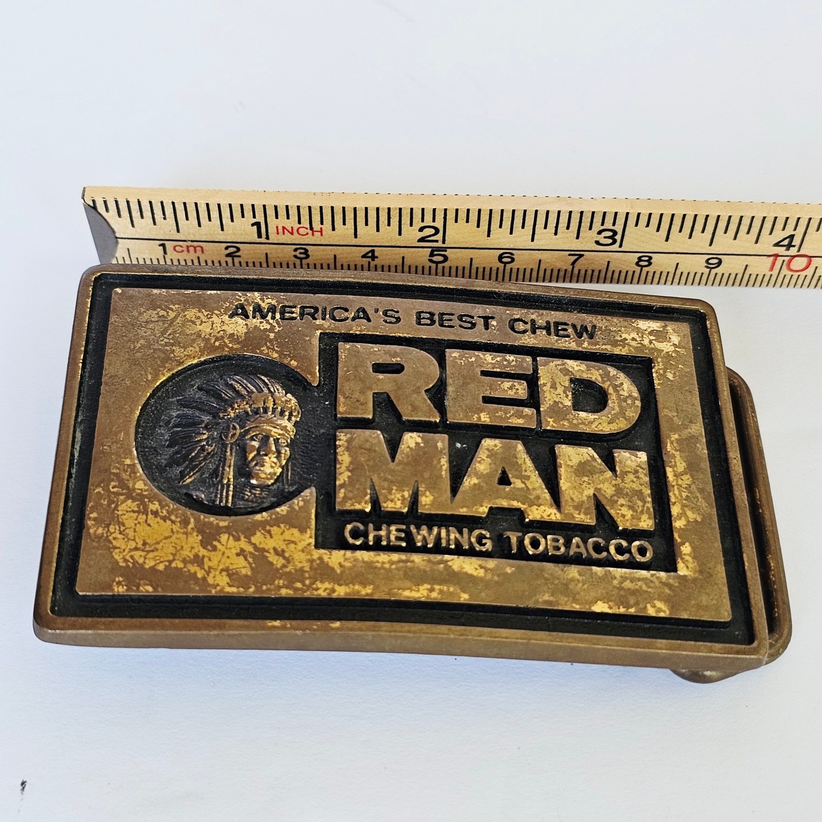 Vintage Red Man Chewing Tobacco Belt Buckle Solid Brass Made in USA Americana