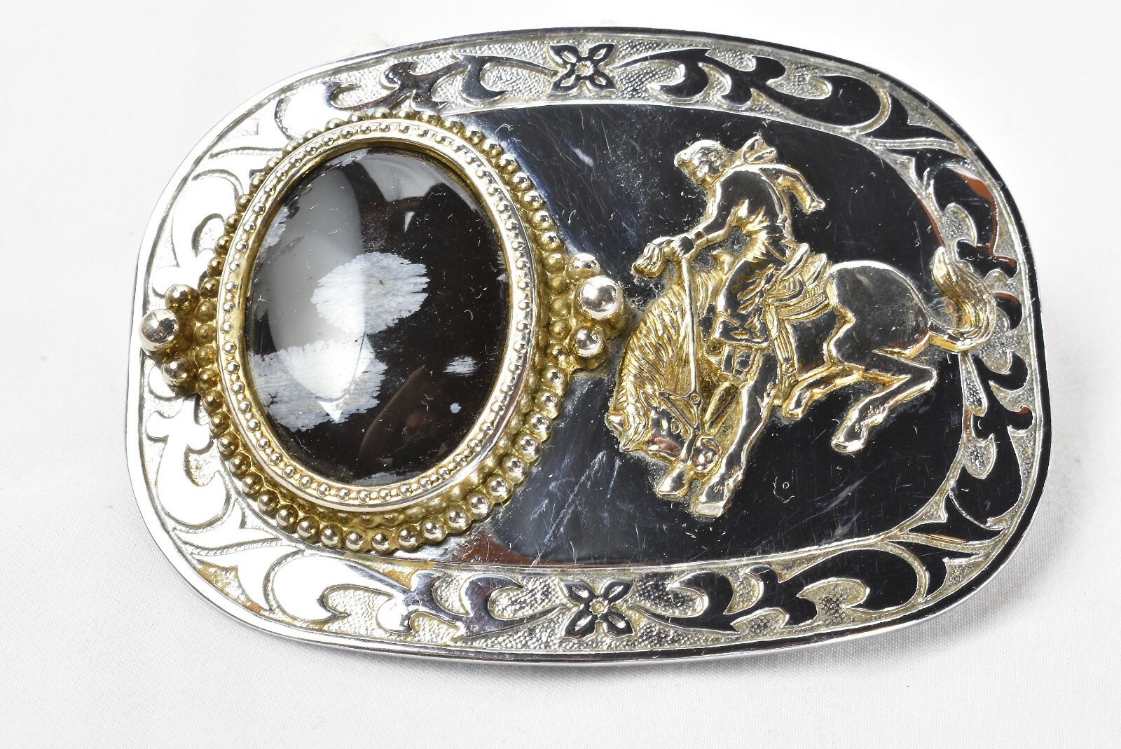Vtg Polished Stone Belt Buckle Agate Black Gem Western Rodeo Silver w/Gold Tone