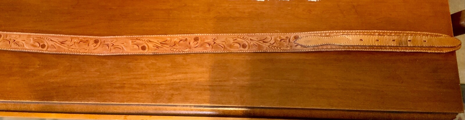 Mexico Silver Gold Overlay Engraved Flower Ranger Buckle Brown Tooled Belt 36&Prime;