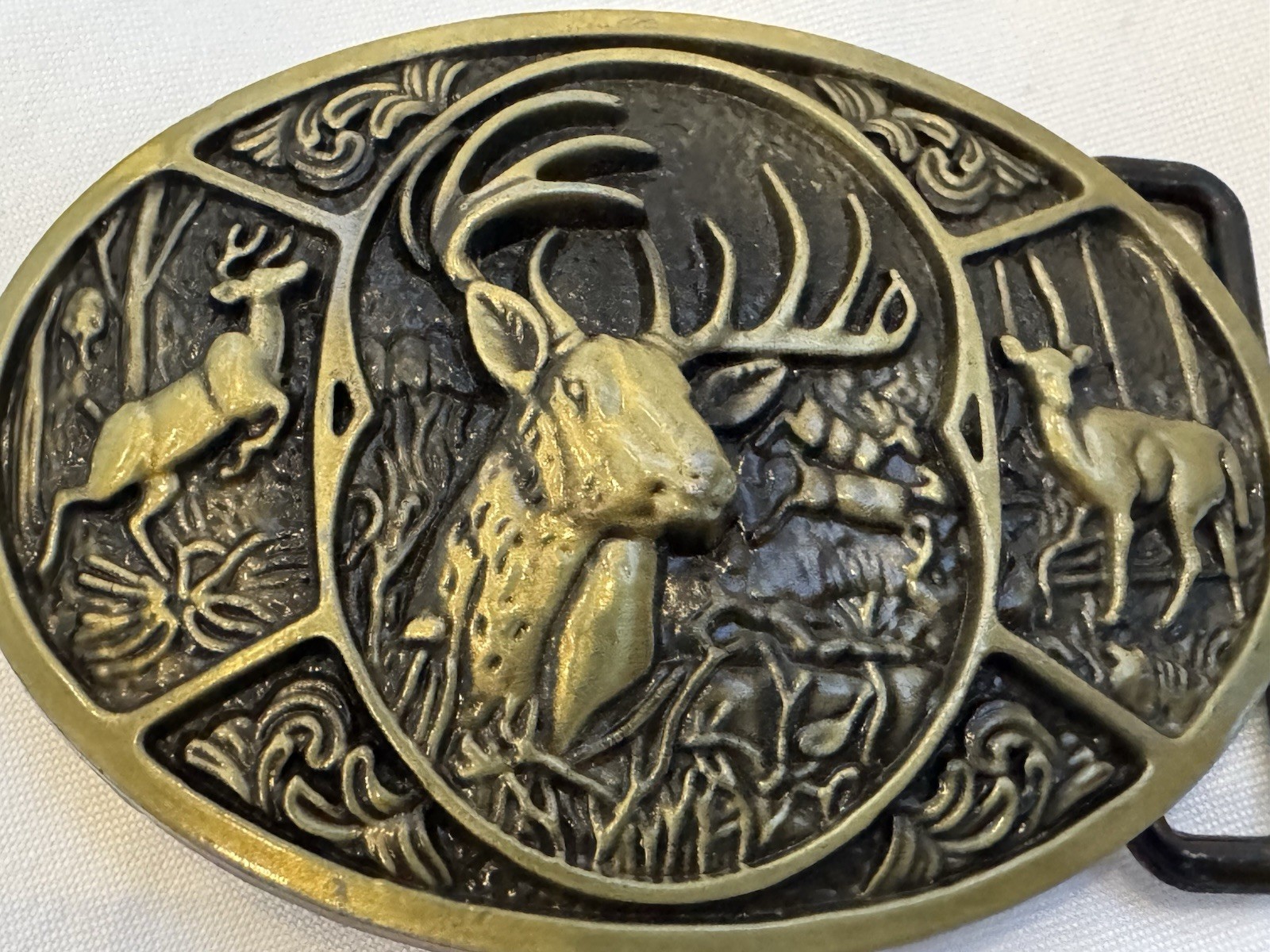 Vintage Buckle RAGE Brass Deer Elk Hunting BELT BUCKLE 3.5” Oval Fits 1.5” Belt