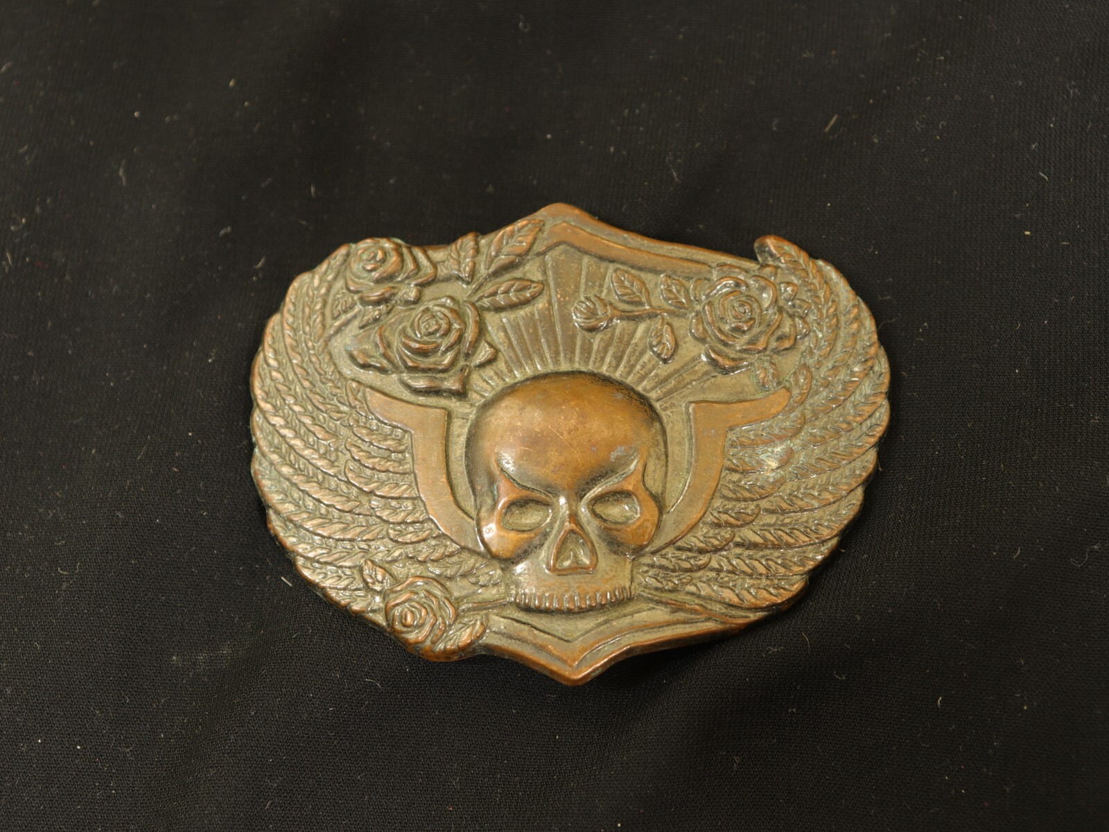 Winged Head Skull Pewter Belt Buckle Vintage Brass Flying Skull With Roses, USA