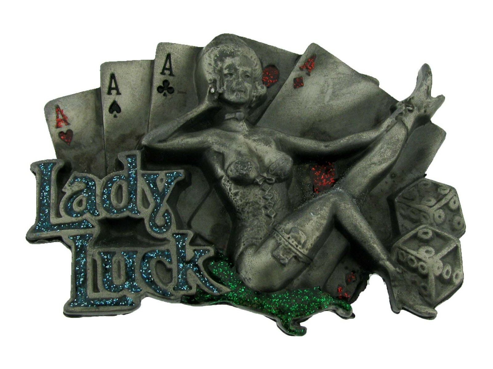 Lady Luck Gamble Poker Playing Cards Las Vegas Casino Belt Buckle Dice Bling Out