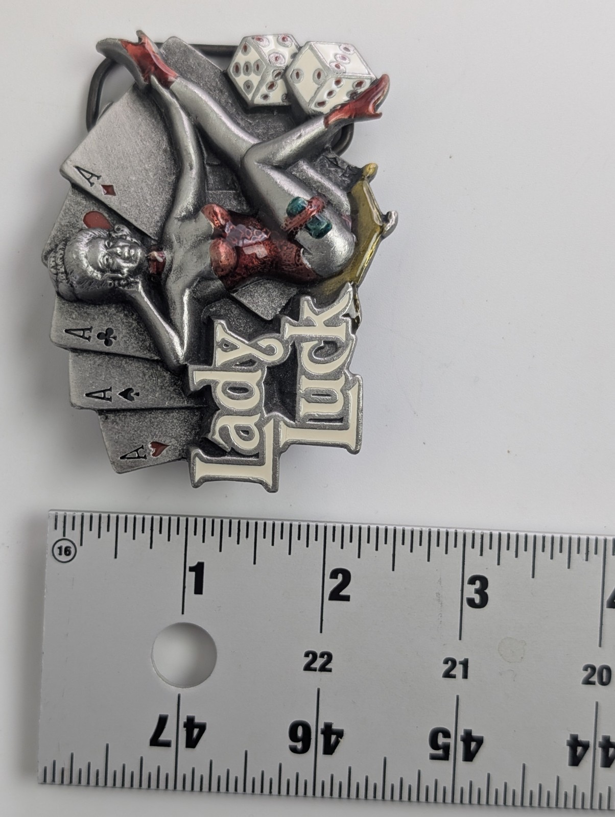 Vintage 1991 Lady Luck Belt Buckle – Dragon Designs Pewter Pin-Up Gambler DD109
