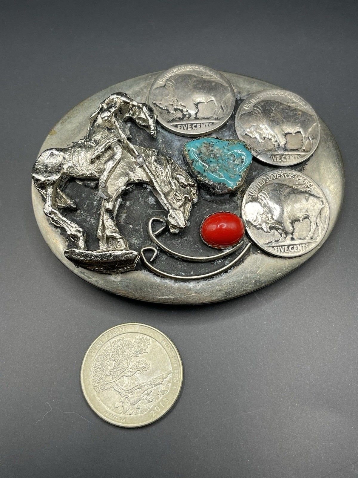 vintage HANDCRAFTED belt buckle BUFFALO NICKEL native american indian TURQUOISE