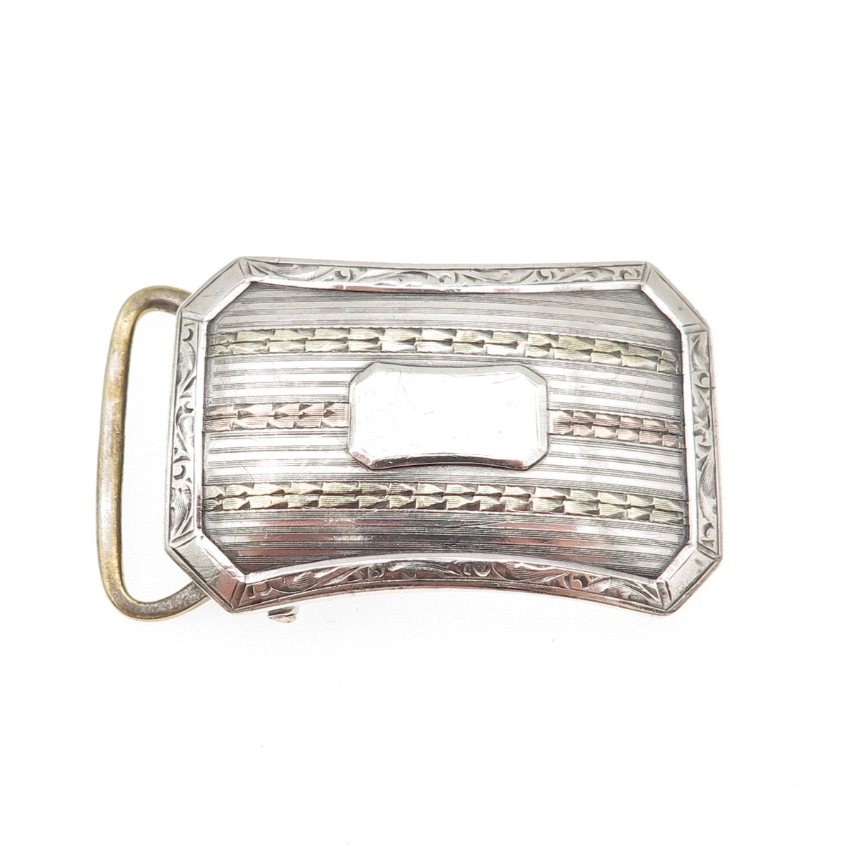 MARSH 925 Sterling Silver & Gold Antique Art Deco 1917 Engraved Belt Buckle