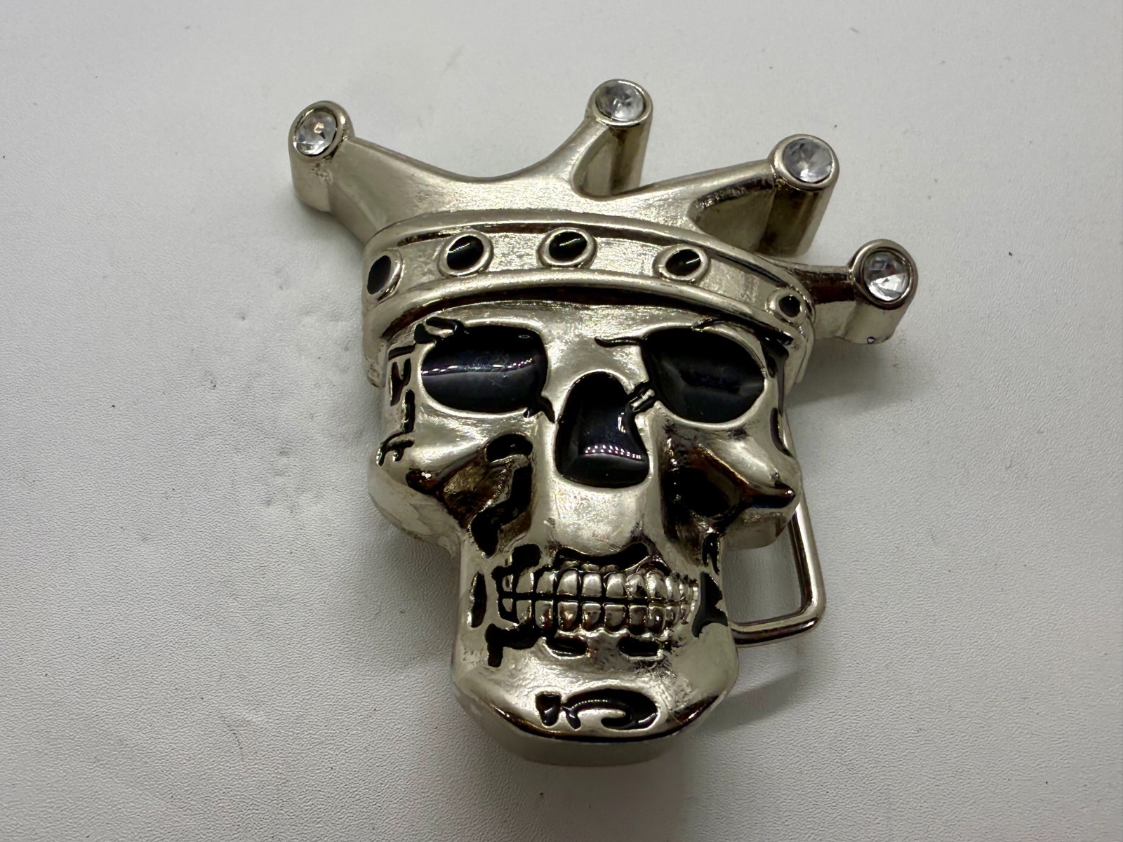 Crowned King Joker Skull Head with Rhinestones Figural Belt Buckle