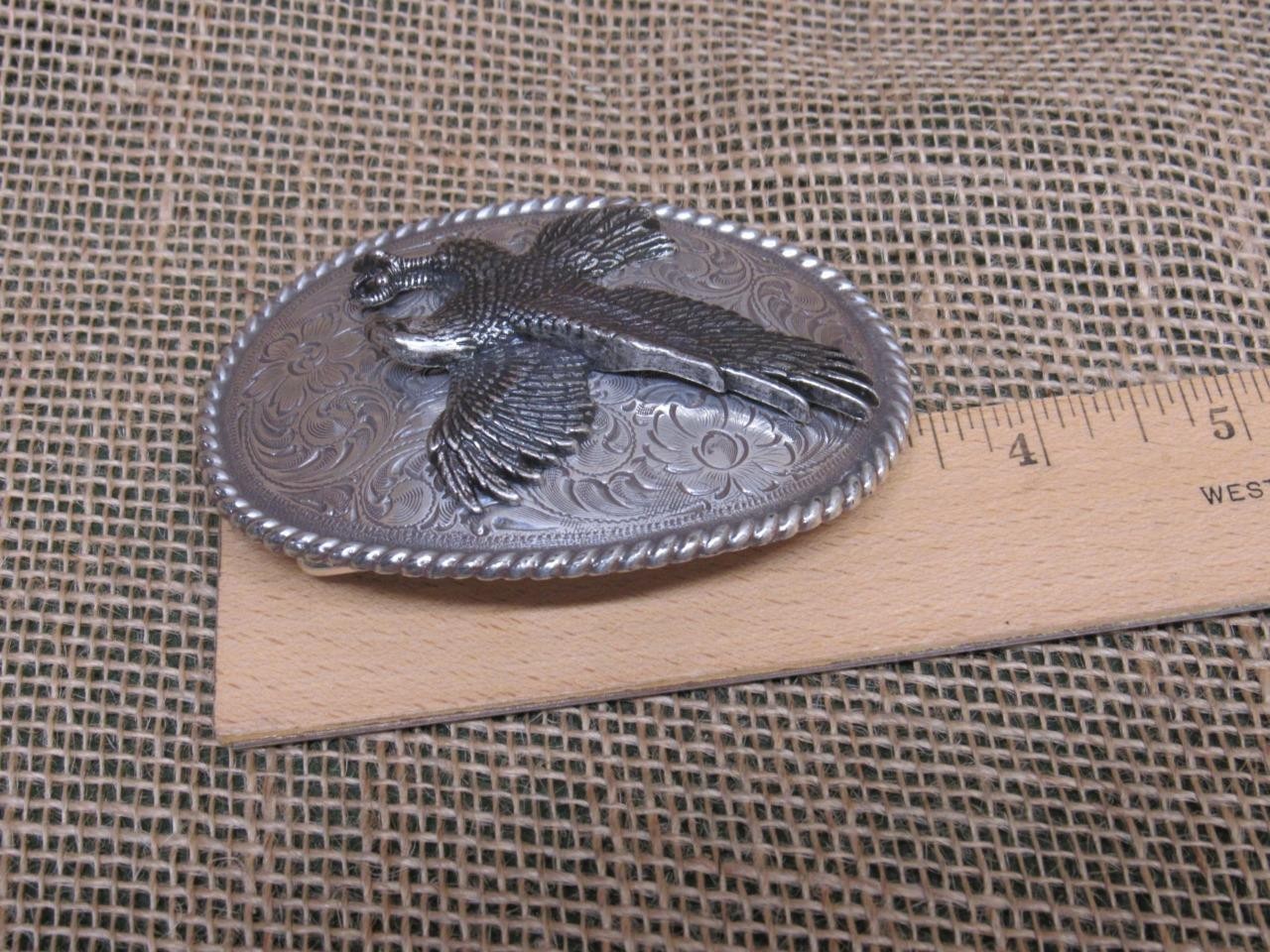Western / Cowboy Belt Buckle ~ Oval Engraved w/ 3-D Flying Eagle ~ Silver Color