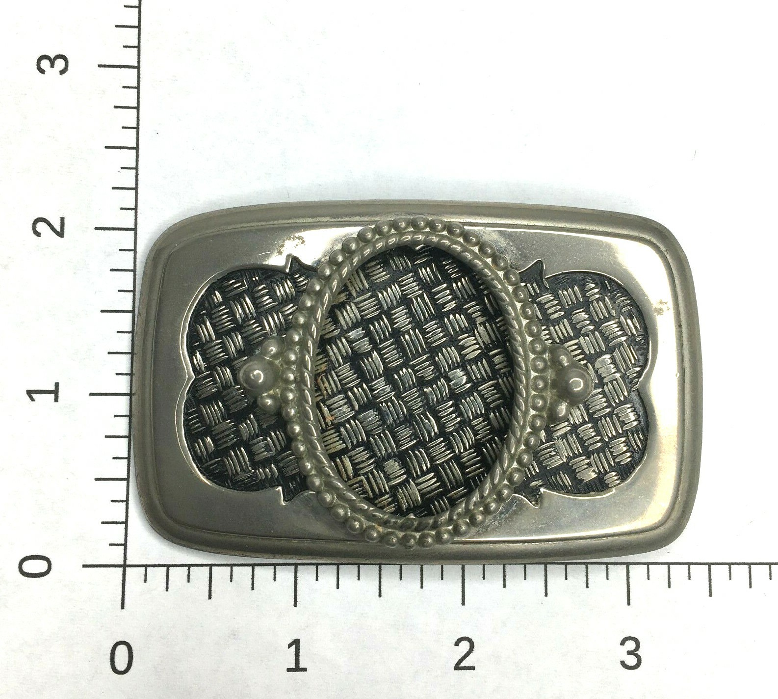 Western Belt Buckle Basket Weave Portrait Stone Insert Silver Tone Vintage