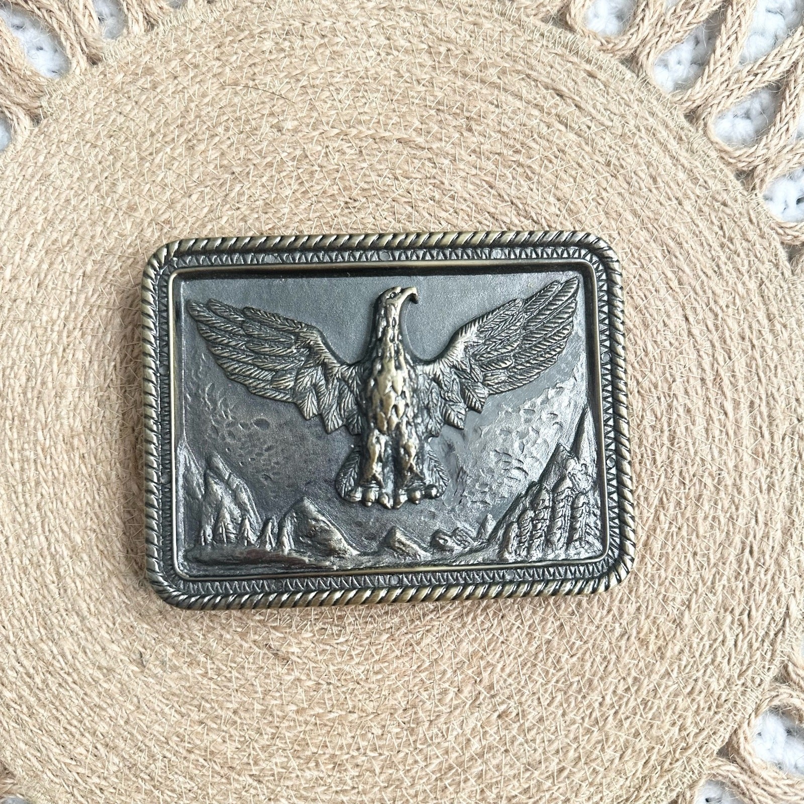 Brass Metal NOS Bald Eagle Spread Wings Soaring Mountains Trees Belt Buckle
