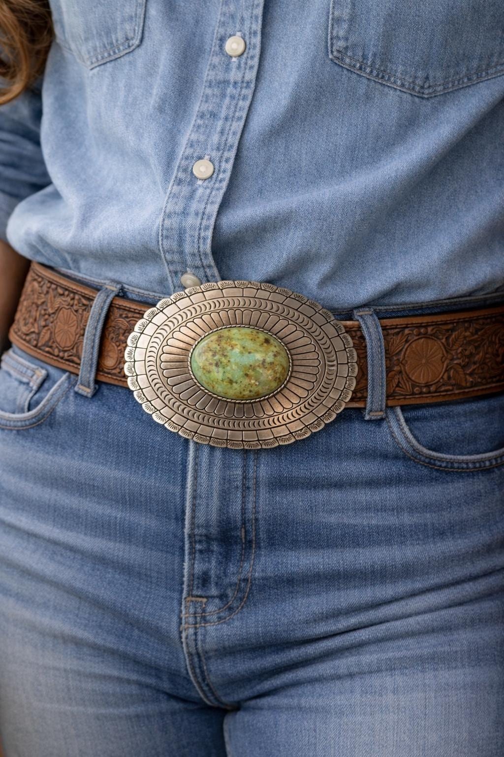 Teal Turquoise Stone Belt Buckle Silver Concho Fits 1.5 Inch Strap