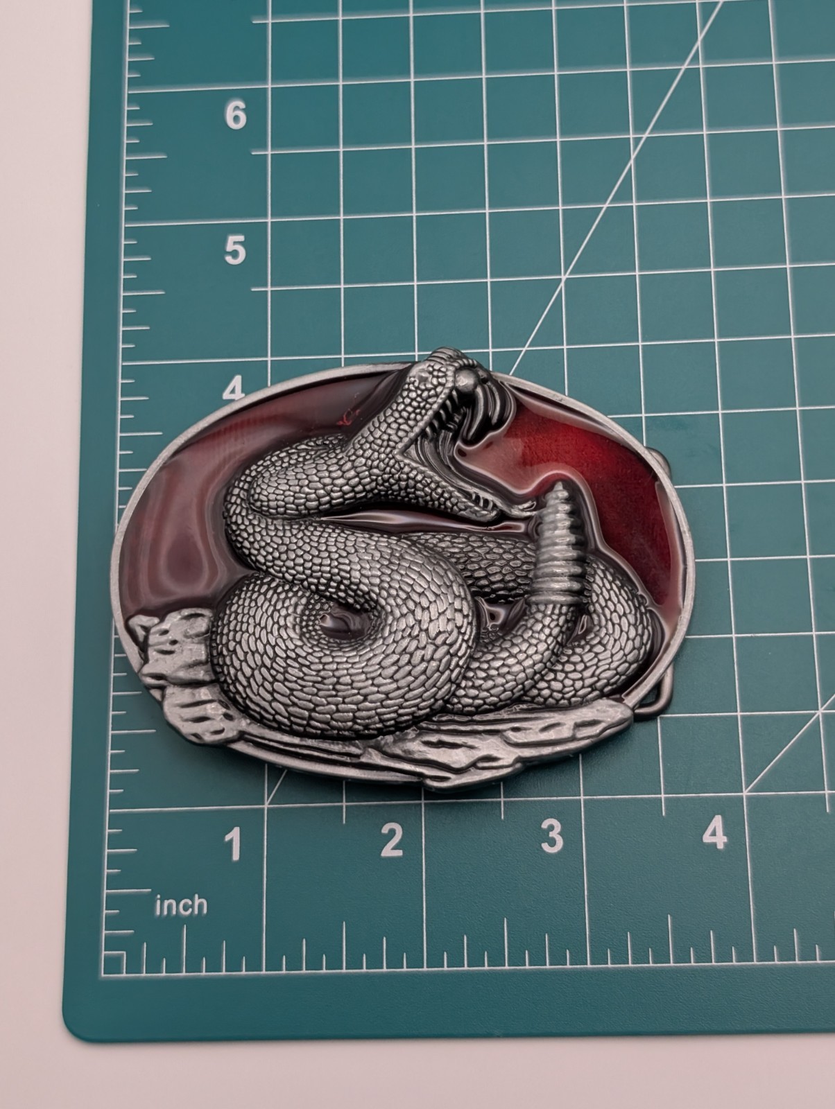 Rattlesnake Belt Buckle Coiled Snake Red Enamel Pewter Tone Western
