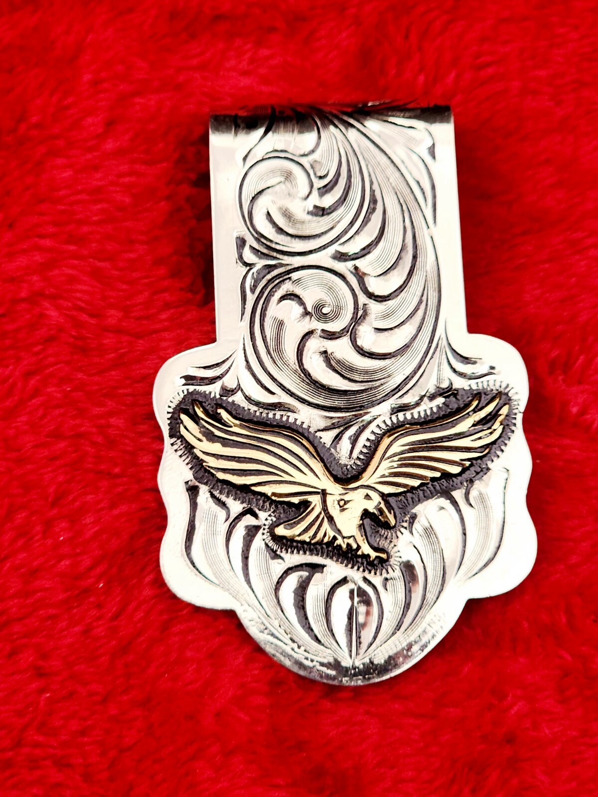 EAGLE EMBLEM~HAND ENGRAVED MONEY CLIP $ GERMAN SILVER & JEWLERS BRONZE
