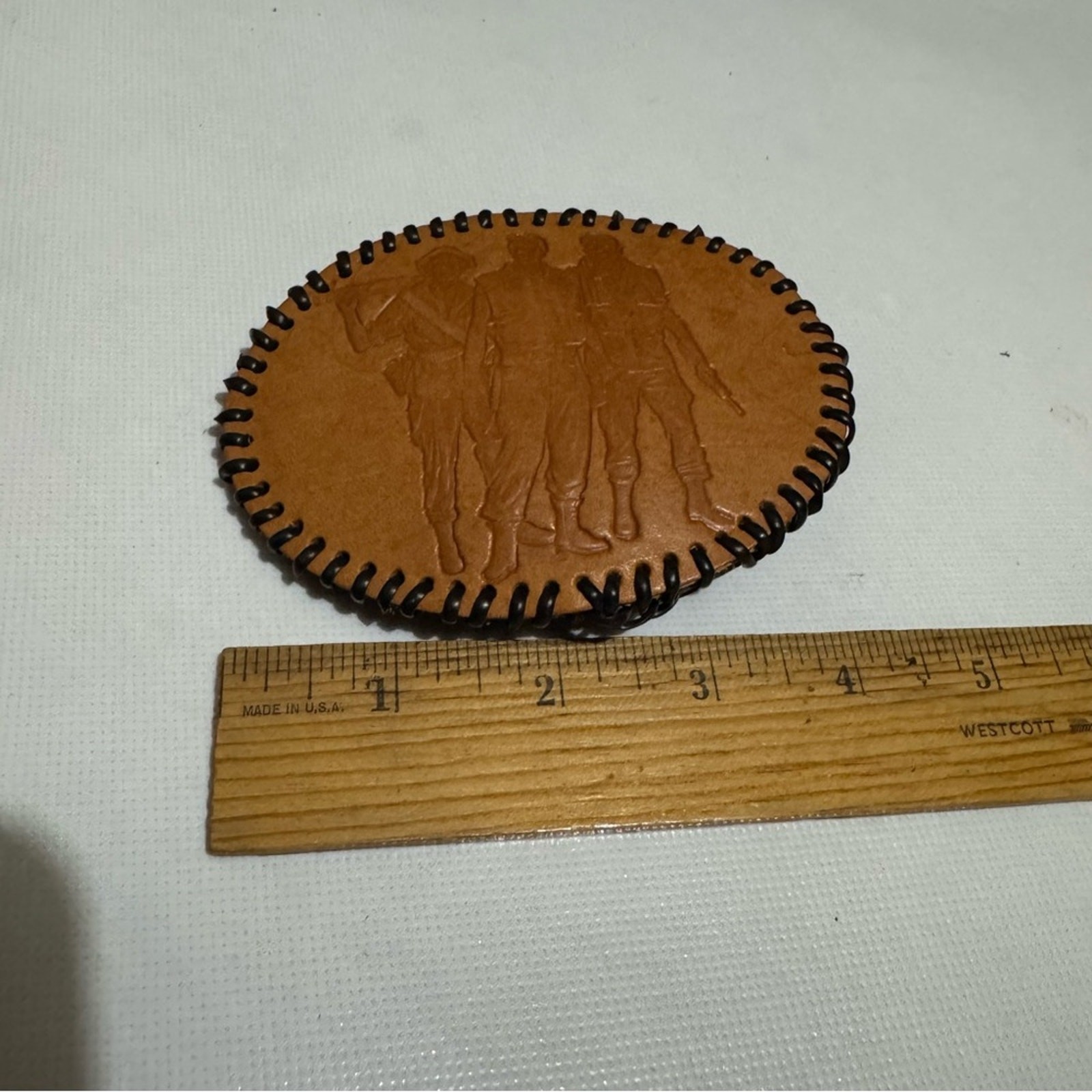 Vintage Brown Leather Woven Belt Buckle Mens Soldiers Military Army Buddy