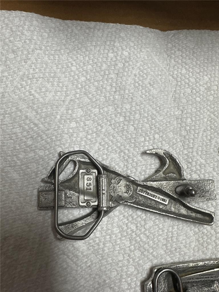 Three Vintage Carpenter Related Belt Buckles, Stanley, Tools, etc