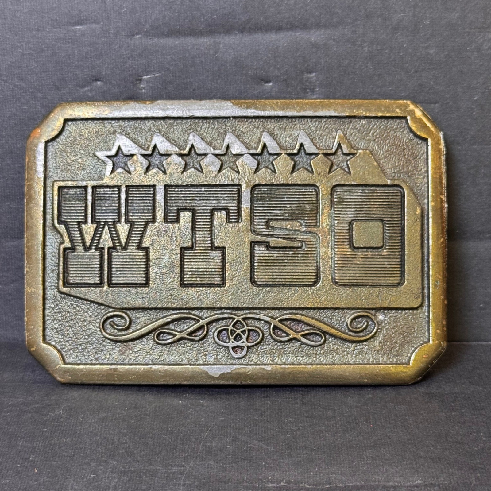 Vintage 1975 James Lind Wyoming Studio Art Works WTSO Brass Belt Buckle Stars