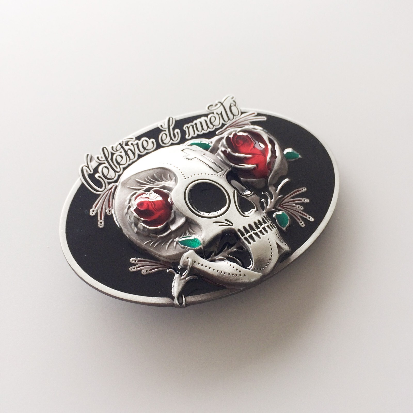 Vintage Oval Tattoo Rose Flower Skull Wedding Belt Buckle
