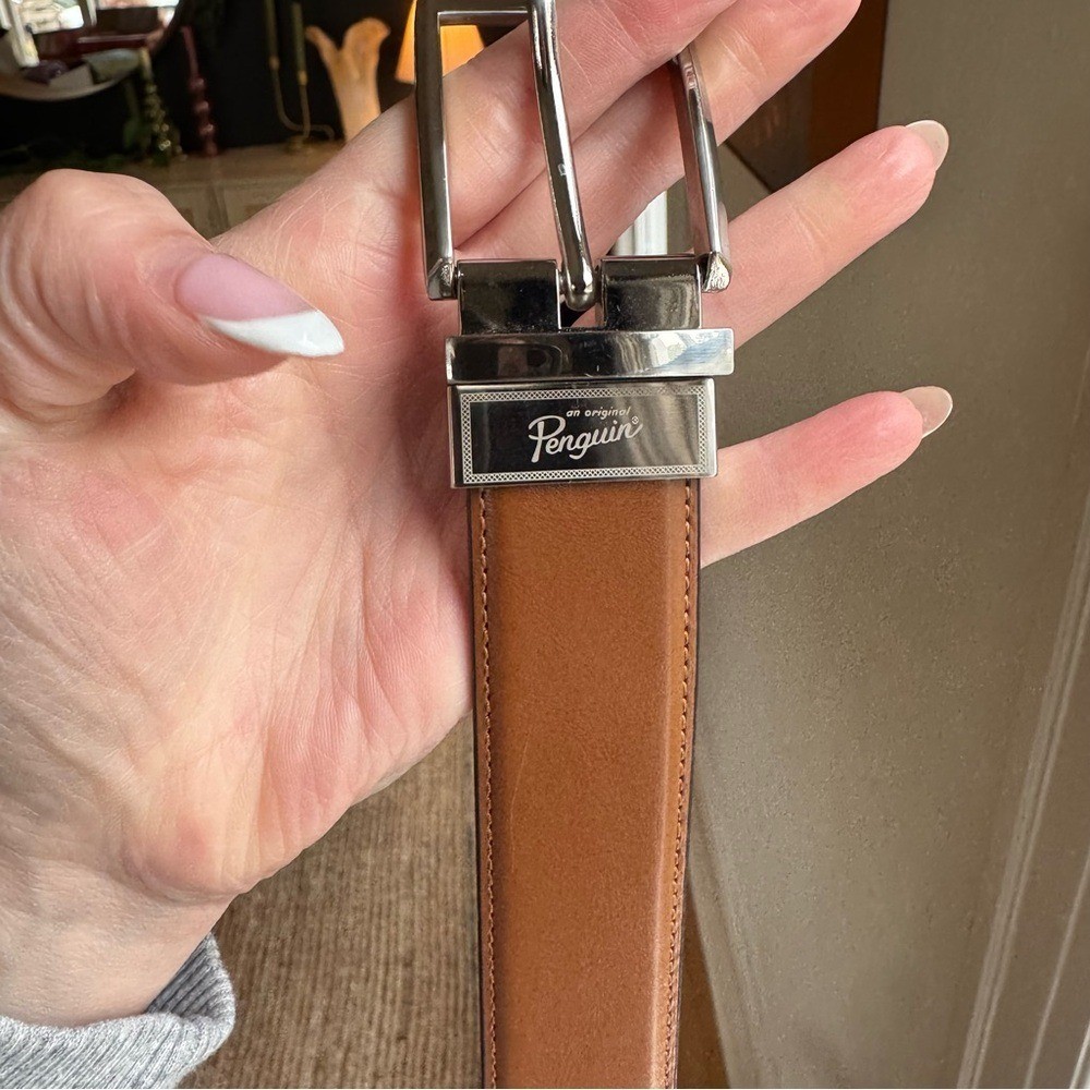 Original Penguin Tan black Leather Belt with Silver Buckle reversible 34/85