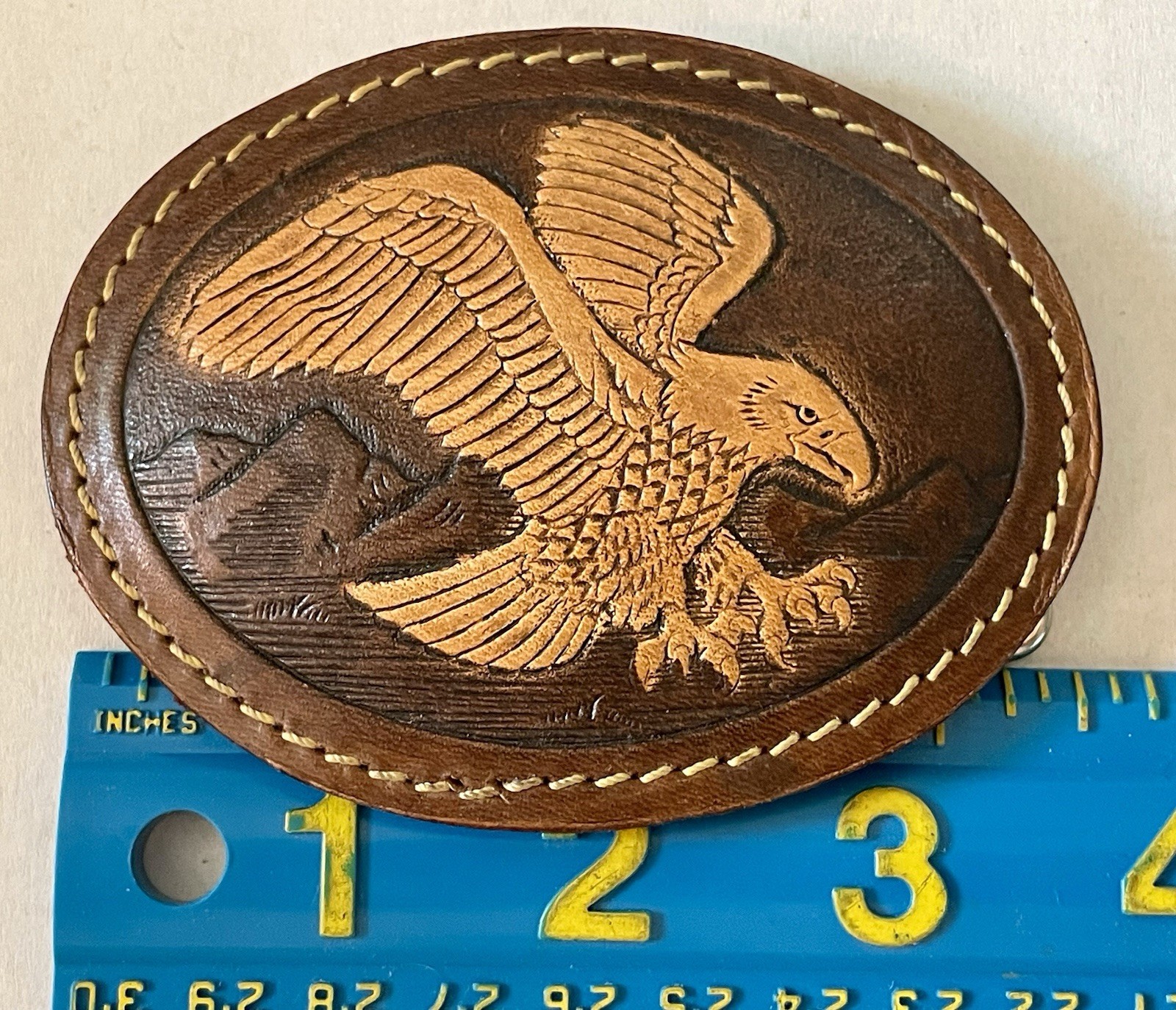 Vintage AMERICAN EAGLE Hand Tooled Leather Belt Buckle Western Cowboy Rodeo 3.5”