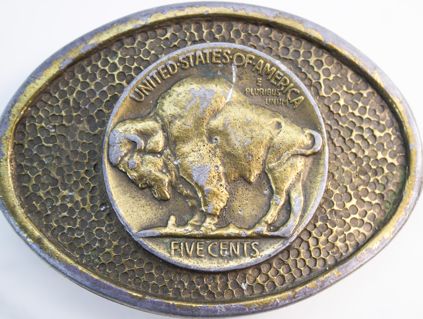 Vtg Brass Buffalo Nickel Bison Hammered Oval Belt Buckle Five Cents Western 70s